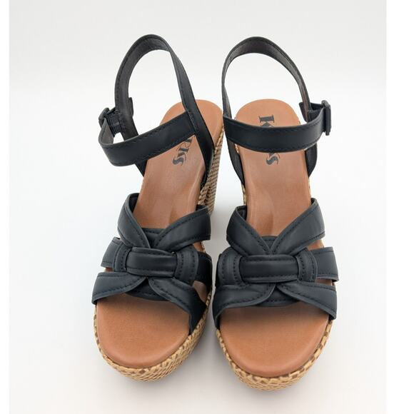 Korks Dee Wedge Platform Block Heel Sandals Women's Black/Tan Size US8 - Picture 2 of 7